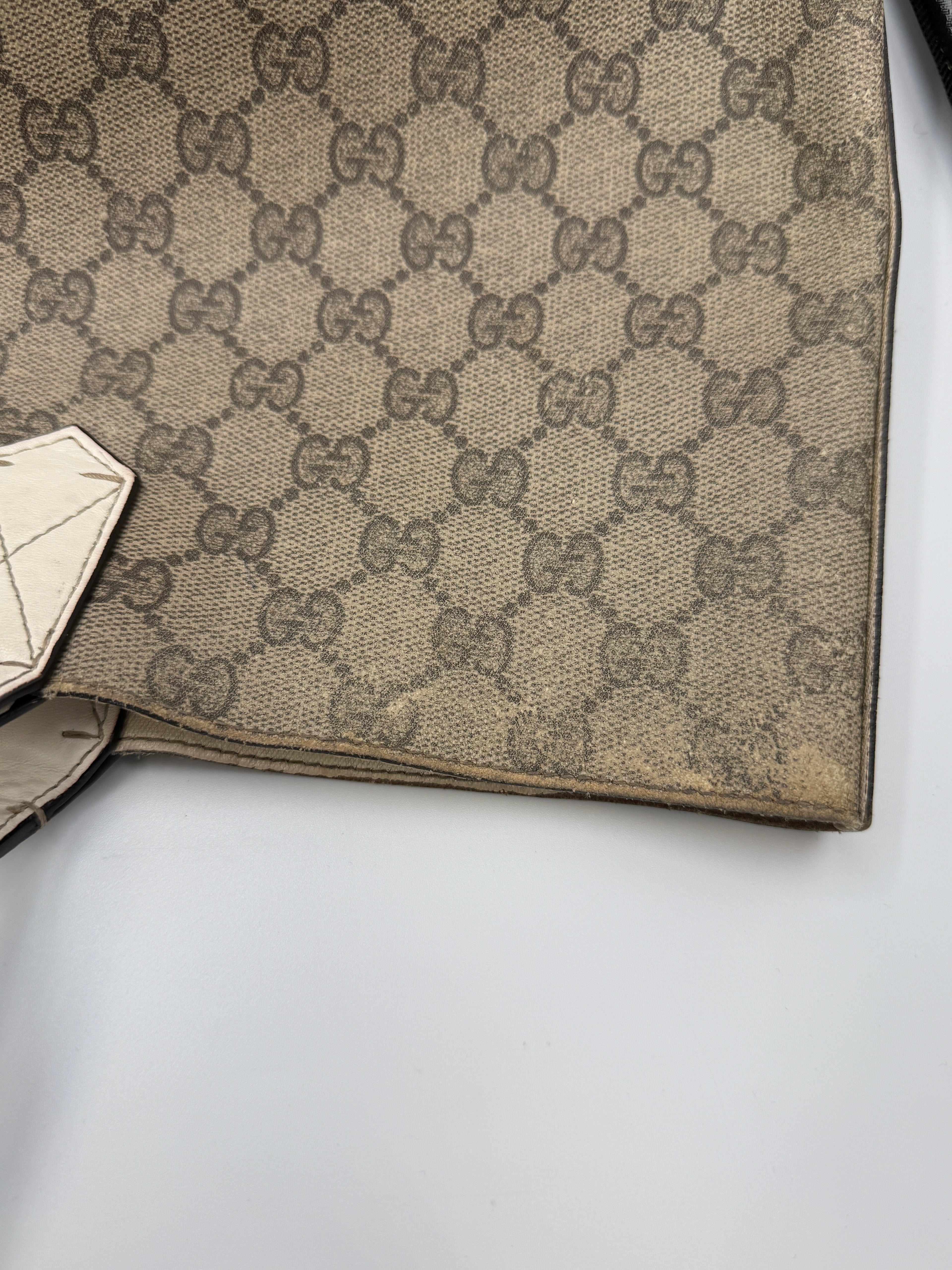 Gucci GG Supreme Canvas Reversible Tote Bag Beige/Ebony with White Leather Trim
