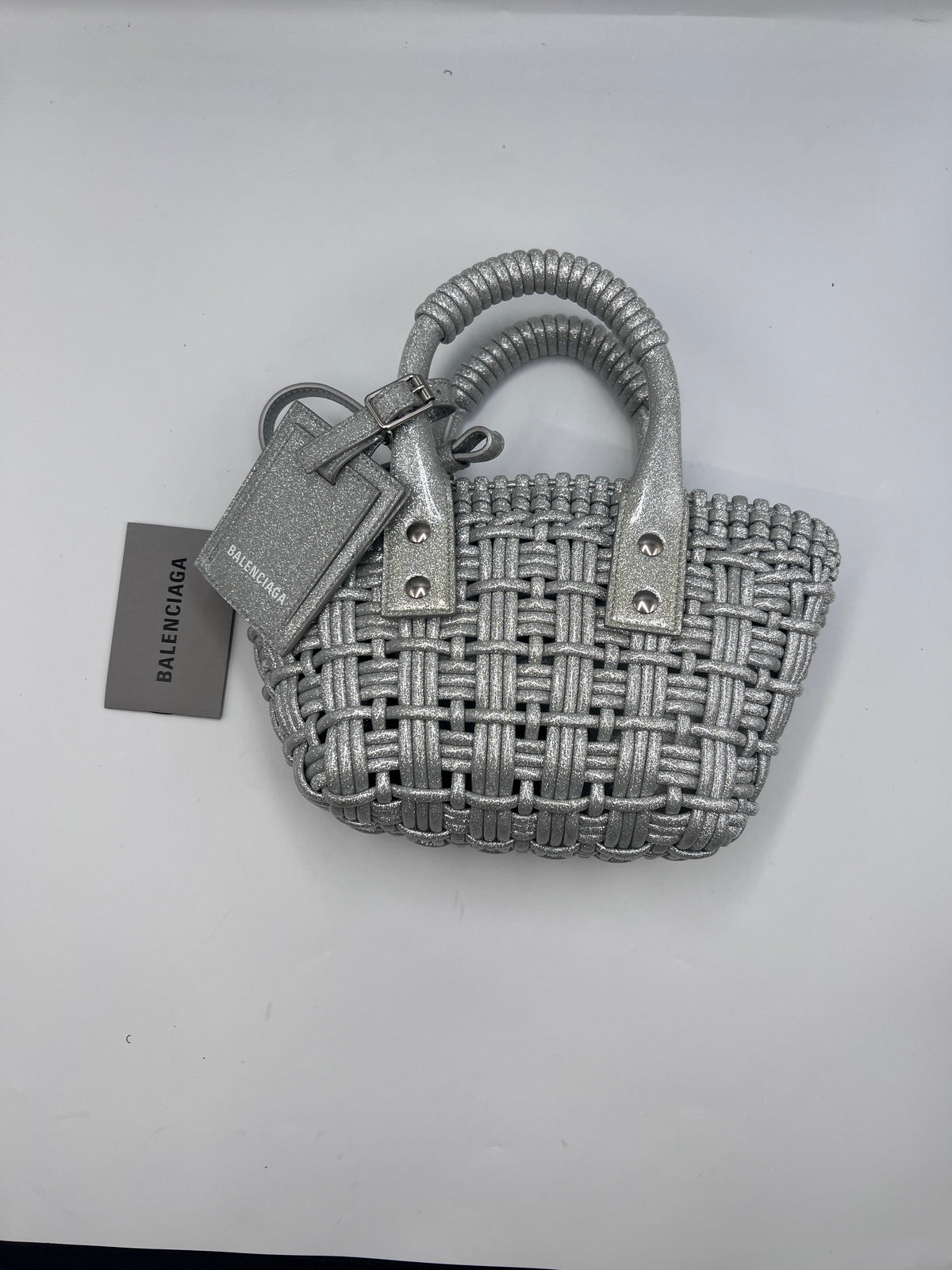 Balenciaga Silver Woven Glitter Basket Bag