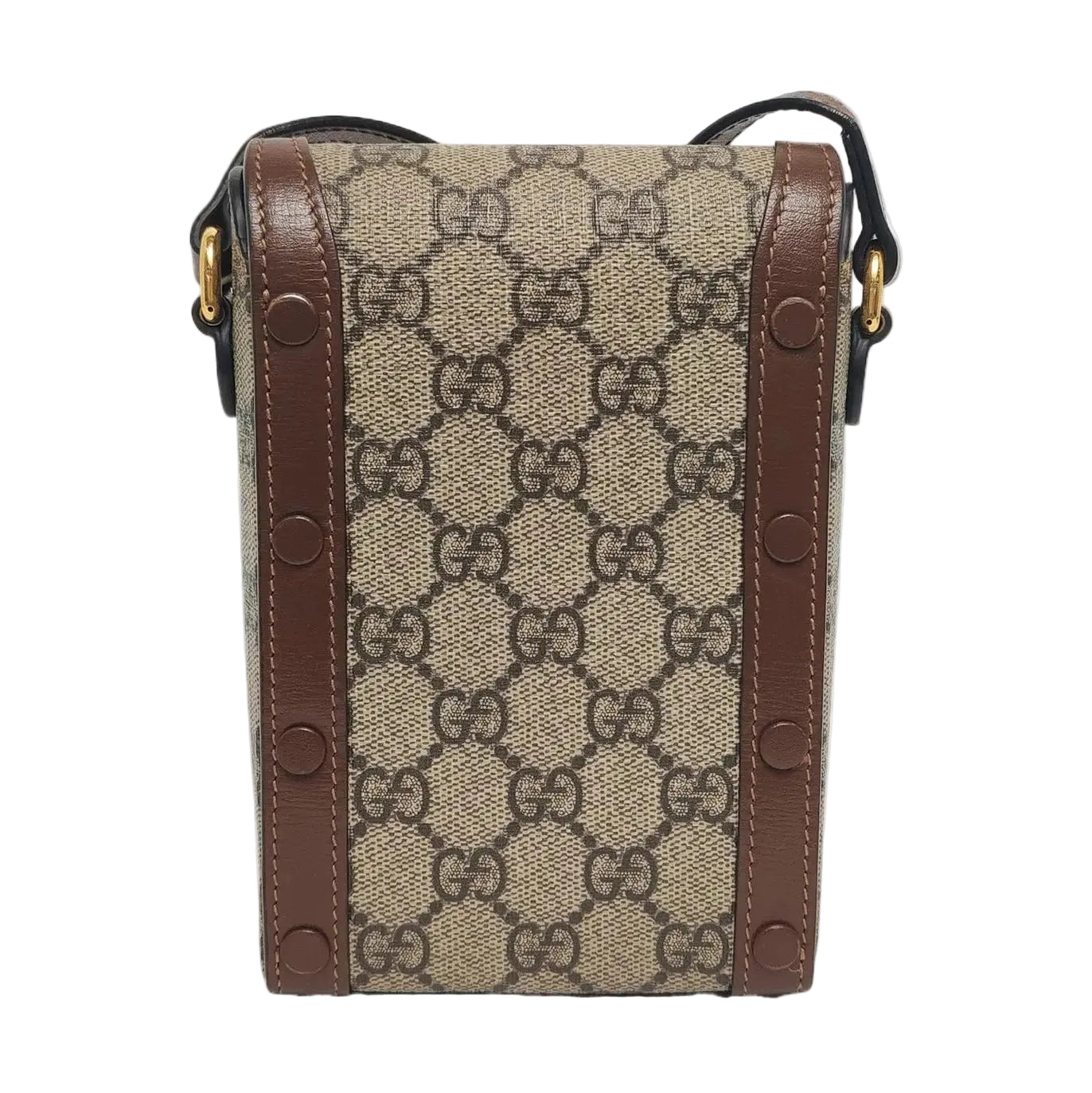 Gucci handbag with monogram pattern on a white background