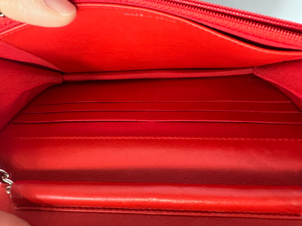 Chanel Classic Quilted Wallet on Chain (WOC) in Red Lambskin with Silver Hardware