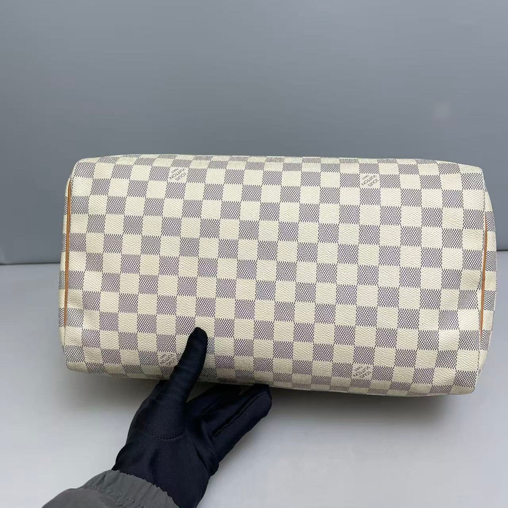 Louis Vuitton Damier Azur Speedy 30 Handbag with Gold-Tone Lock and Keys