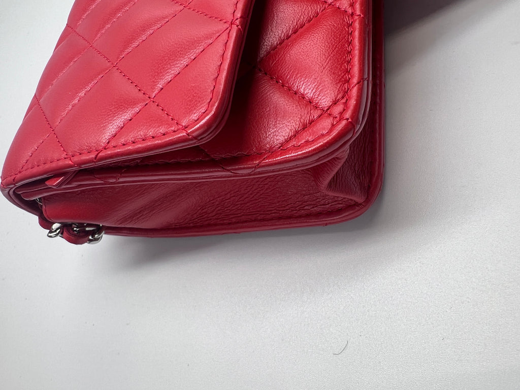 Chanel Classic Quilted Wallet on Chain (WOC) in Red Lambskin with Silver Hardware