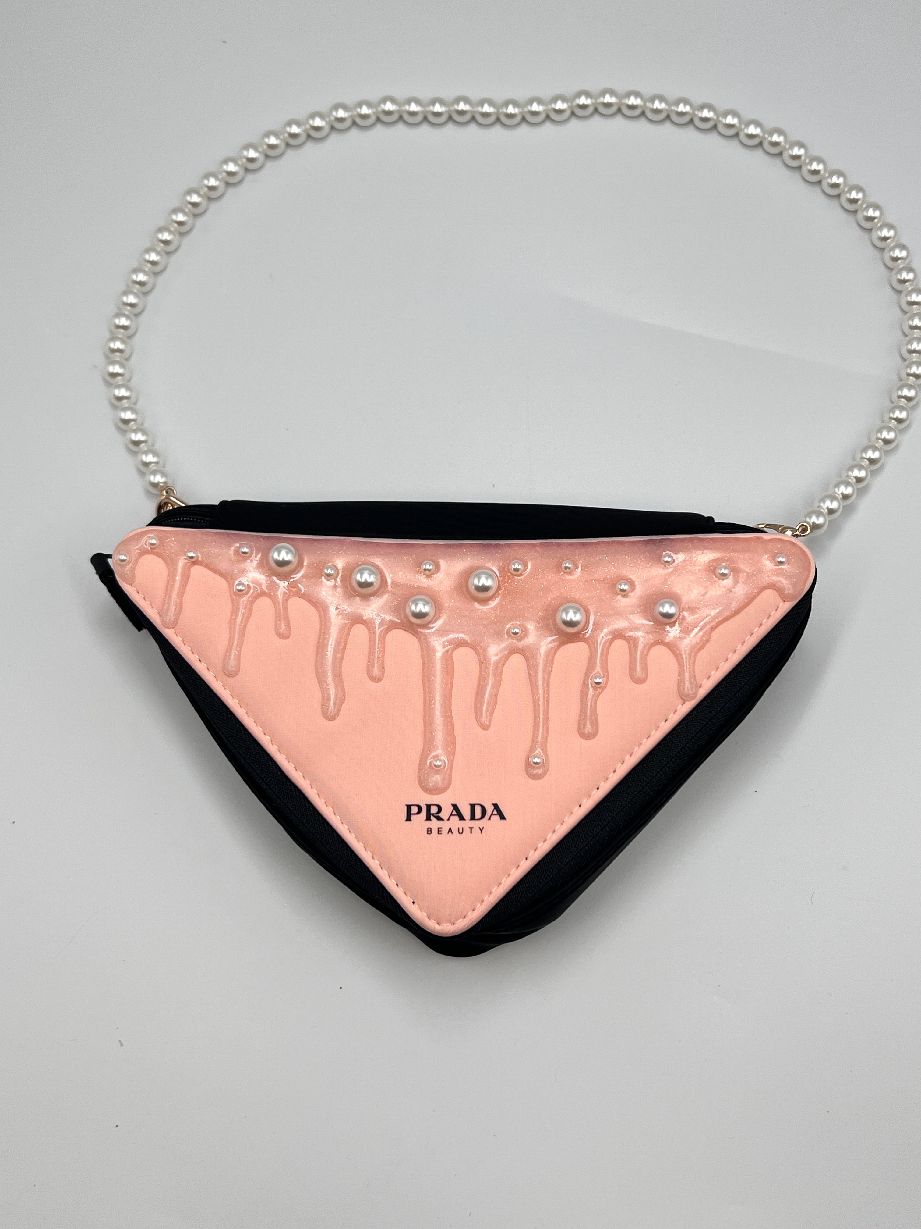 Prada Beauty Pearl Triangle Makeup Pouch Shoulder Bag Pink & Black