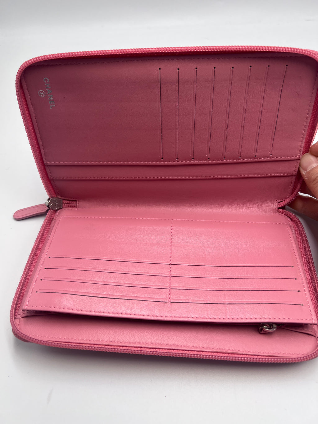 Chanel Camellia Embossed Zipped Long Wallet in Pink Lambskin with Silver Hardware