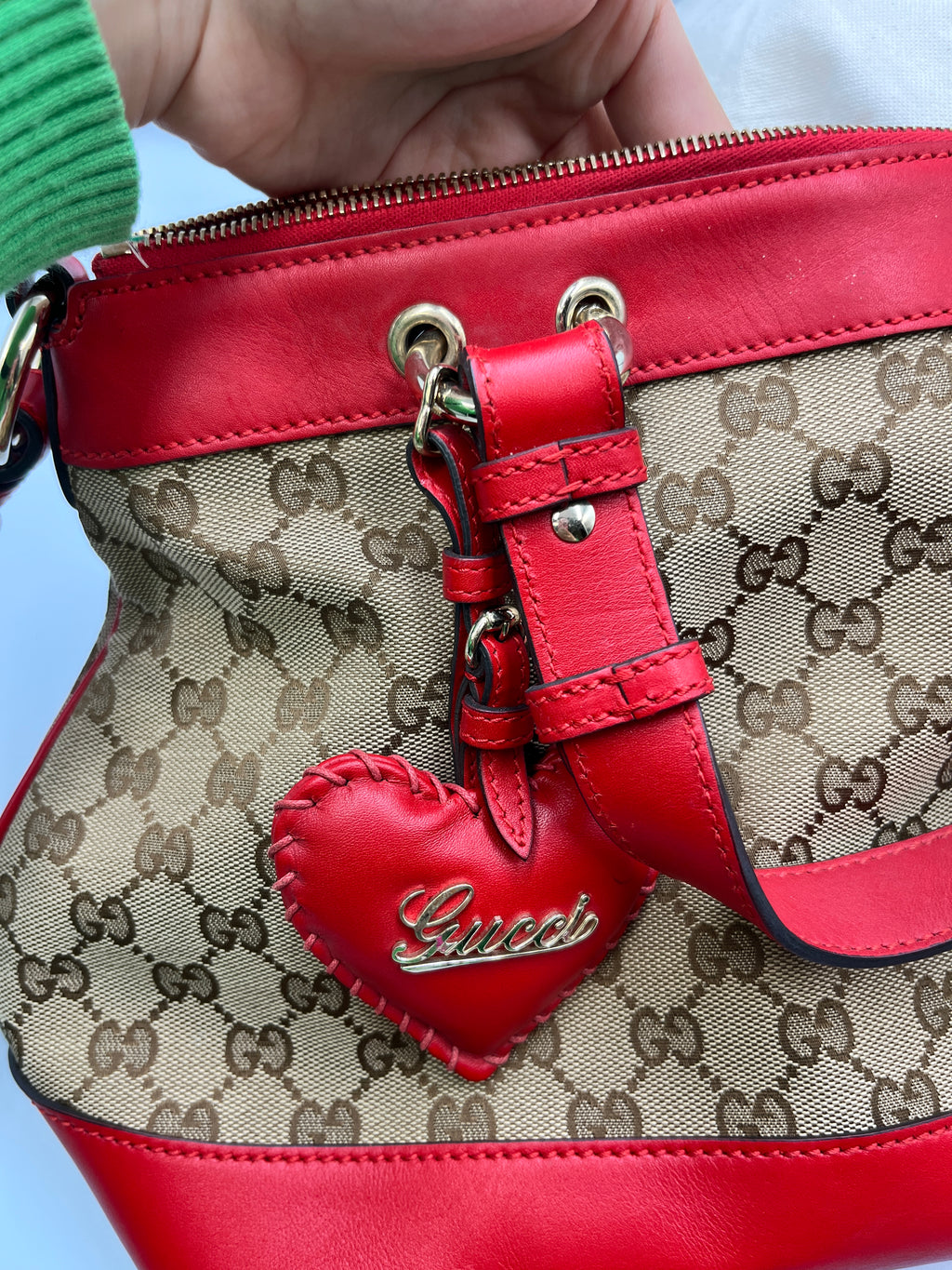 Gucci GG Canvas & Red Leather Heart Charm Shoulder Bag
