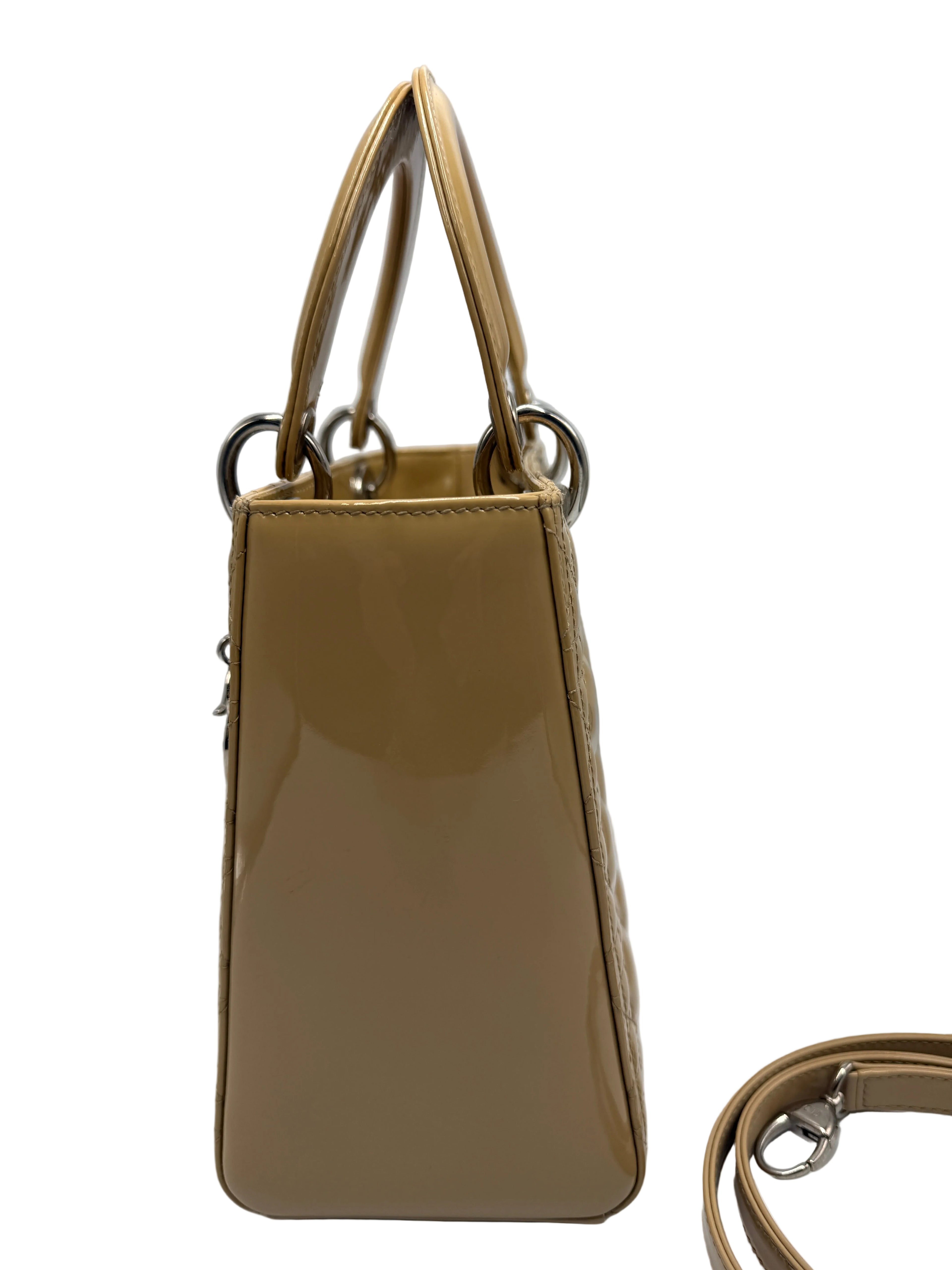 Christian Dior Medium Lady Dior Bag in Powder Beige Cannage Patent Leather