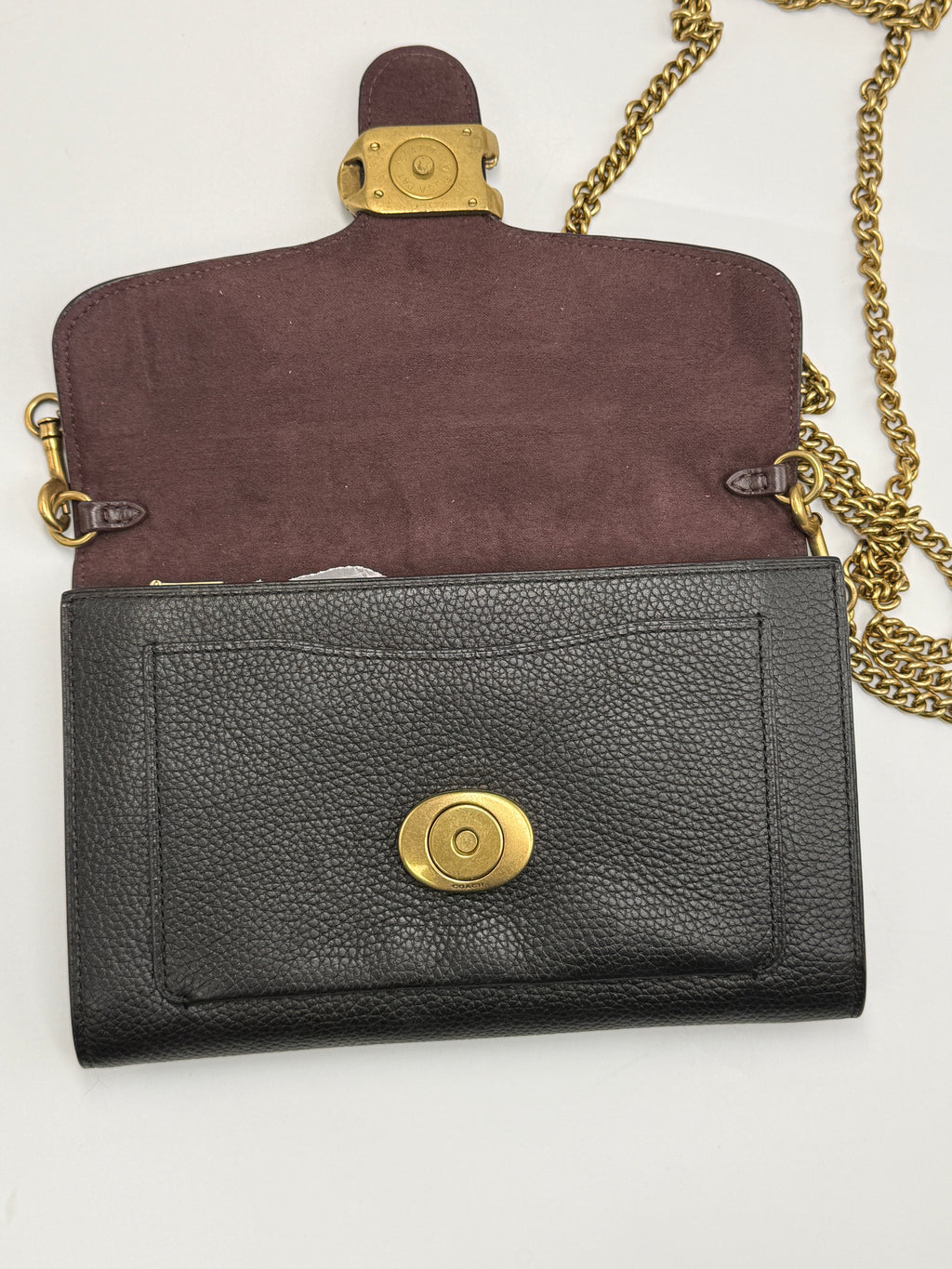 Coach Tabby Chain Clutch / Wallet on Chain with Crystal 'C' in Black Polished Pebble Leather