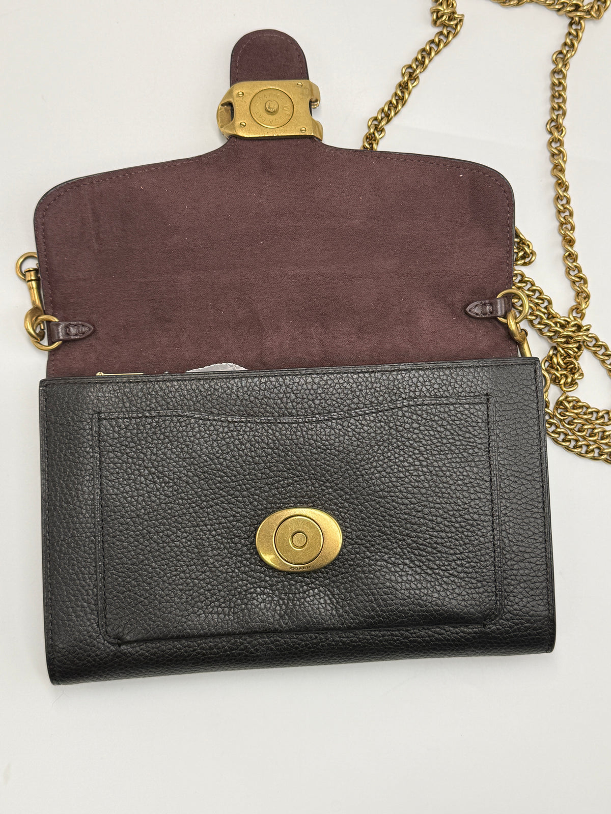 Coach Tabby Chain Clutch / Wallet on Chain with Crystal 'C' in Black Polished Pebble Leather