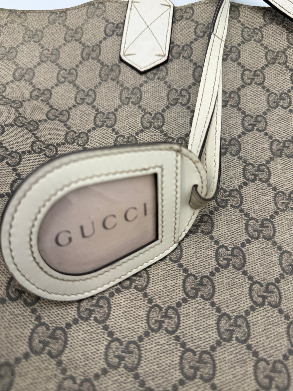 Gucci GG Supreme Canvas Reversible Tote Bag Beige/Ebony with White Leather Trim