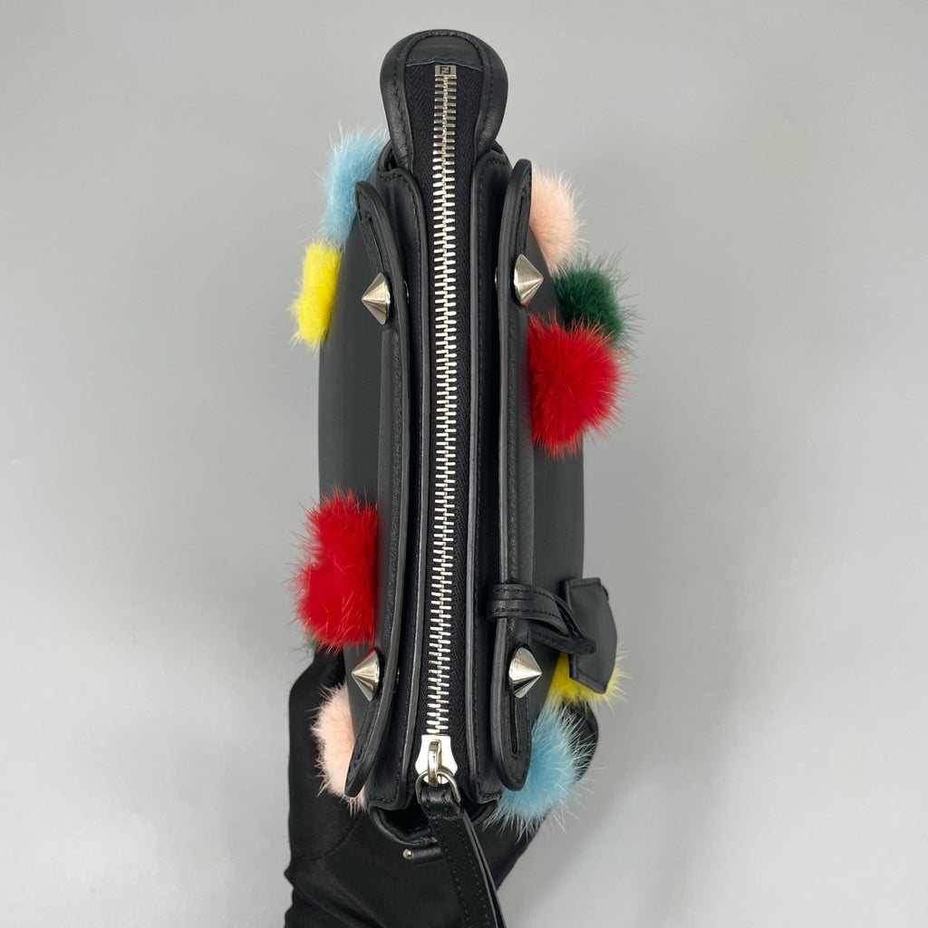 Fendi Mini "By The Way" Boston Bag in Black Leather with Multicolored Fur Pom-Poms