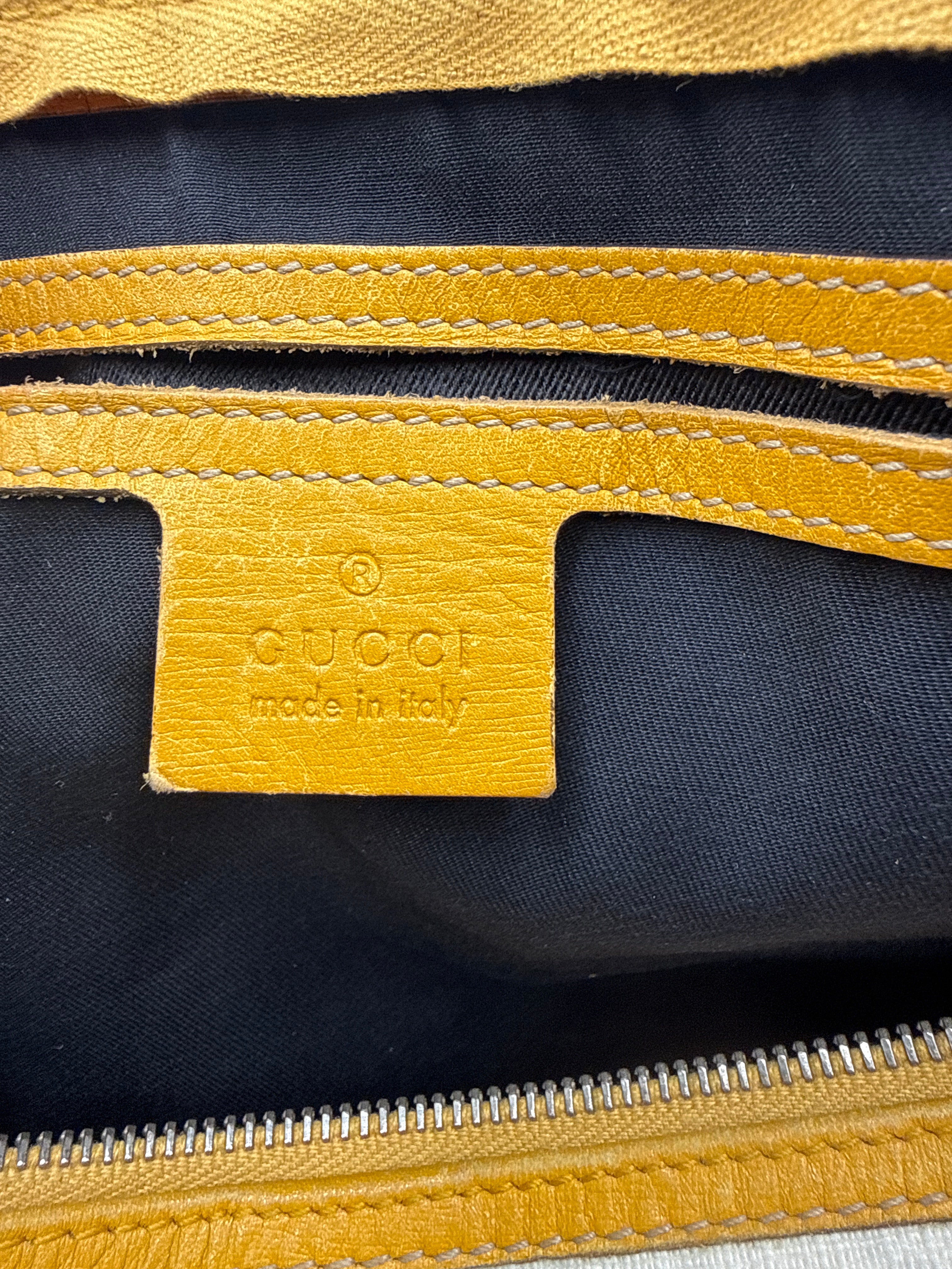 Gucci Joy Boston GG Plus Canvas Satchel with Yellow Leather Trim