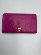Chanel Camellia Embossed Flap Long Wallet in Magenta / Fuchsia Lambskin with Gold Hardware