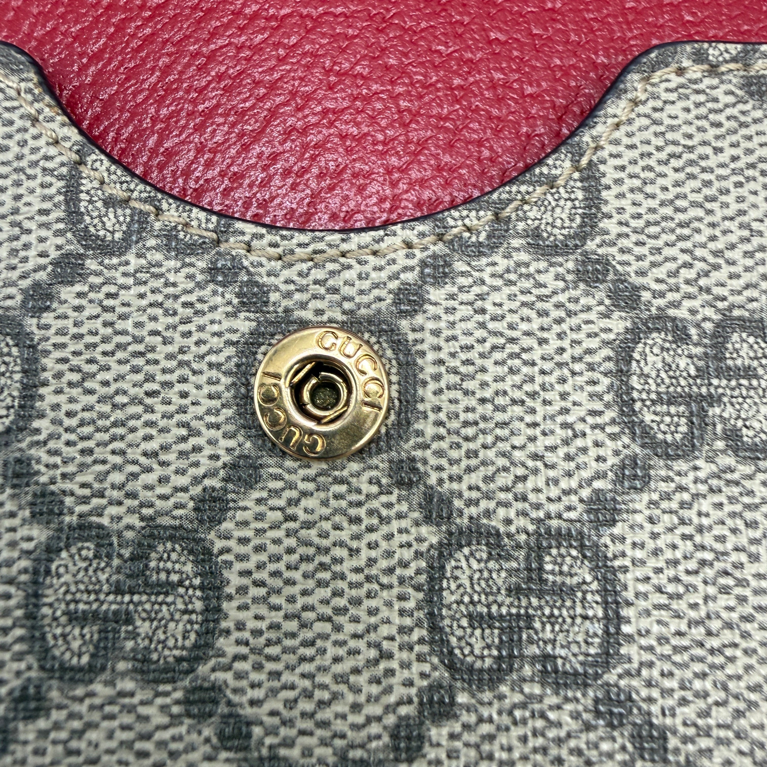 Close-up of a Gucci handbag with a gold button and red leather patch.