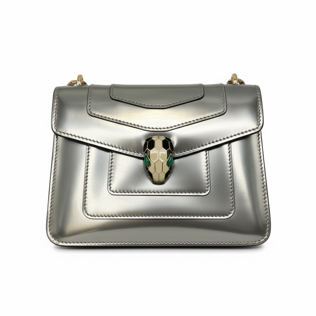 preloved authentic Silver metallic handbag with snake design Bvlgari bag in great condition preowned designer shoulder bag 