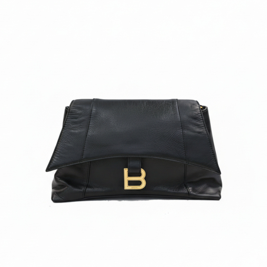 authentic preloved balenciaga downtown black leather shoulder bag with gold B hardware in great condition for sale secondhand luxury designer bag at discount price