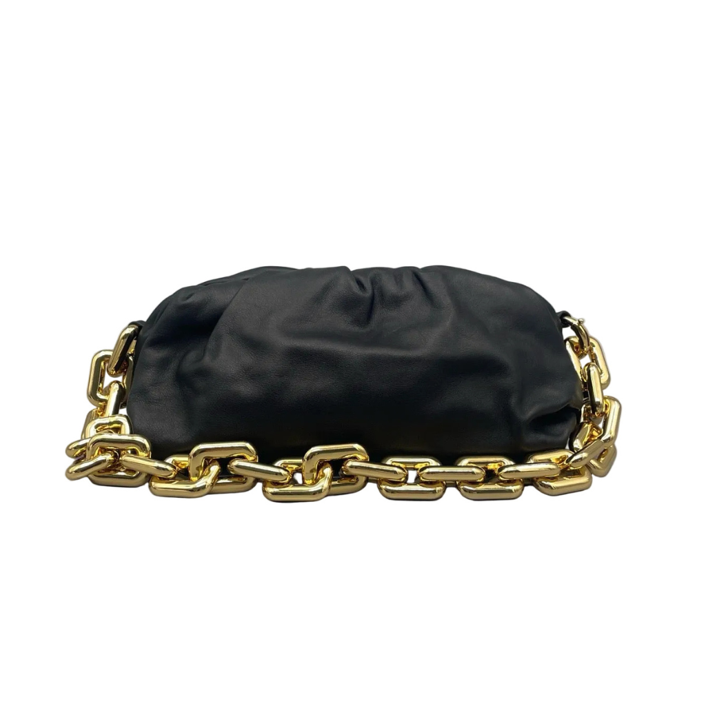 Front view of a Bottega Veneta Chain Pouch in black gathered calfskin leather with a chunky oversized gold-finish square-link chain strap on a white background.