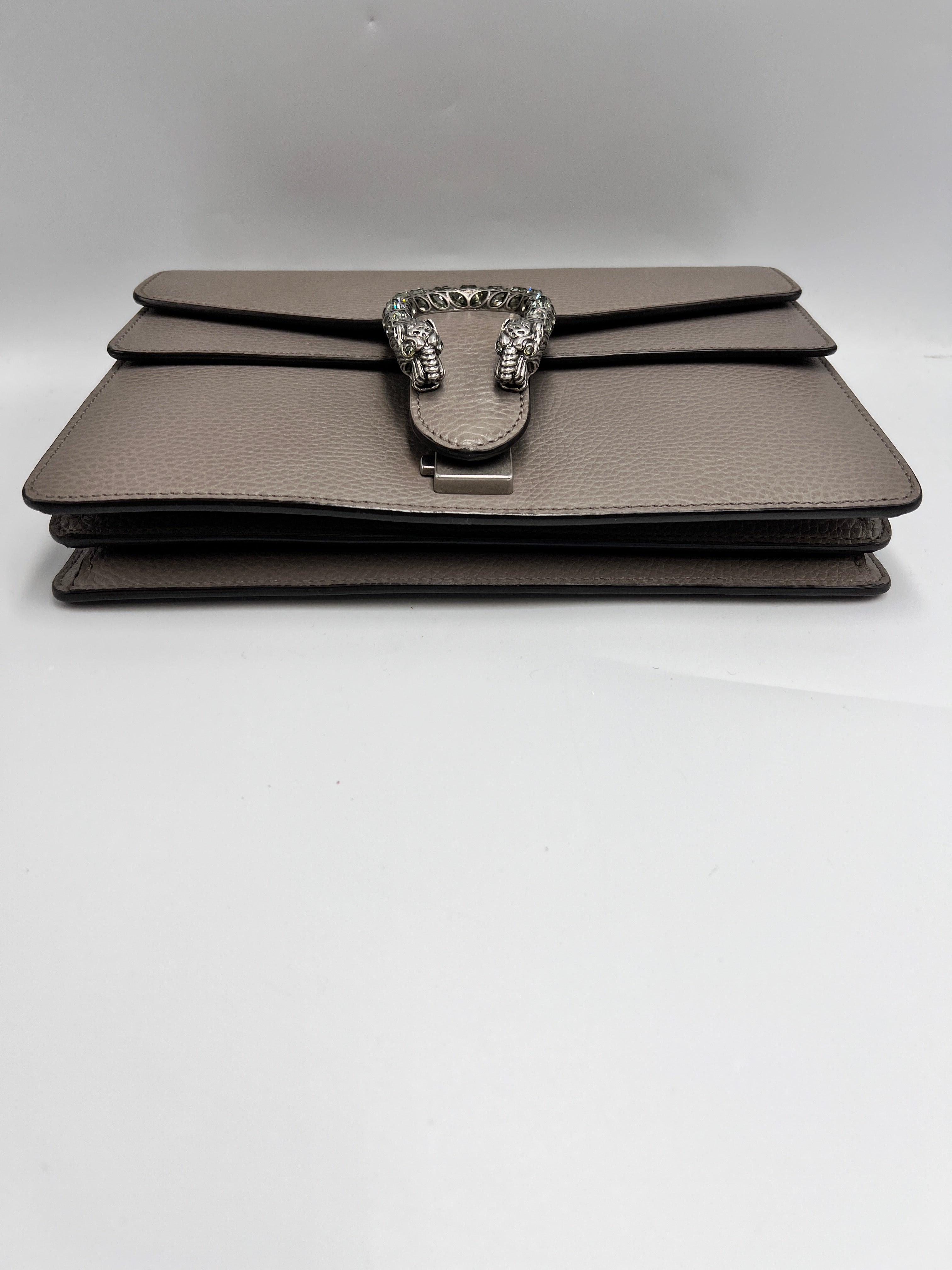 Gucci Dionysus Medium Shoulder Bag in Taupe Grained Leather with Crystal Tiger Head Closure
