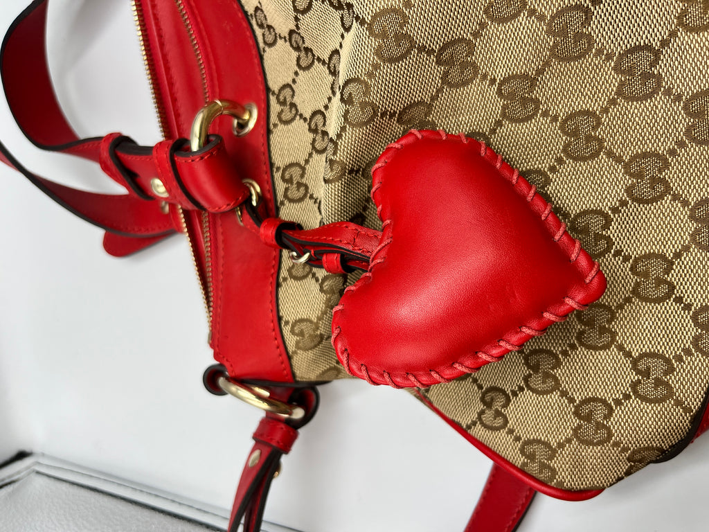 Gucci GG Canvas & Red Leather Heart Charm Shoulder Bag