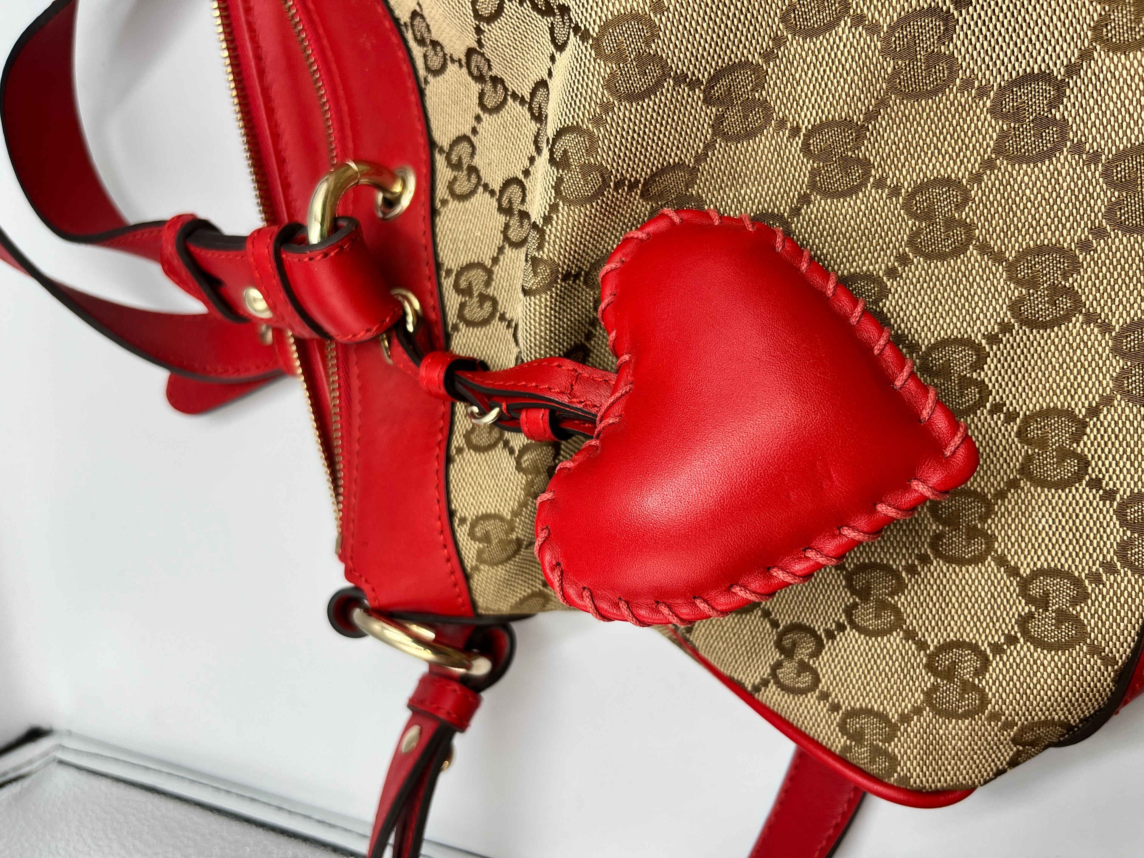 Gucci GG Canvas & Red Leather Heart Charm Shoulder Bag