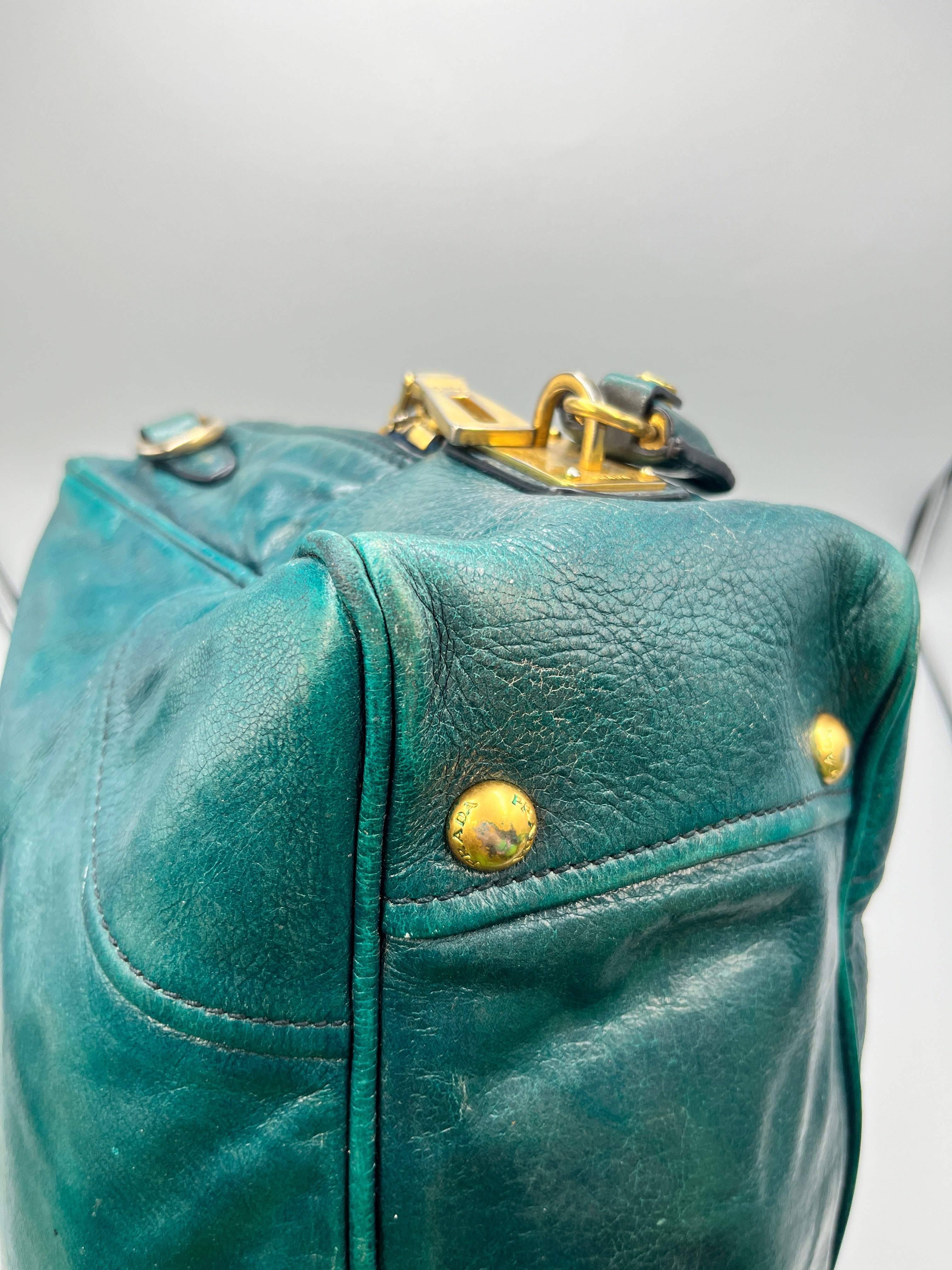 Prada Vitello Shine Teal Green Leather Satchel Bag