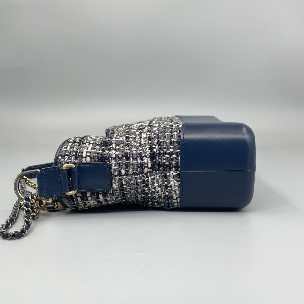 Chanel Small Gabrielle Hobo Bag in Navy Quilted Tweed and Blue Calfskin