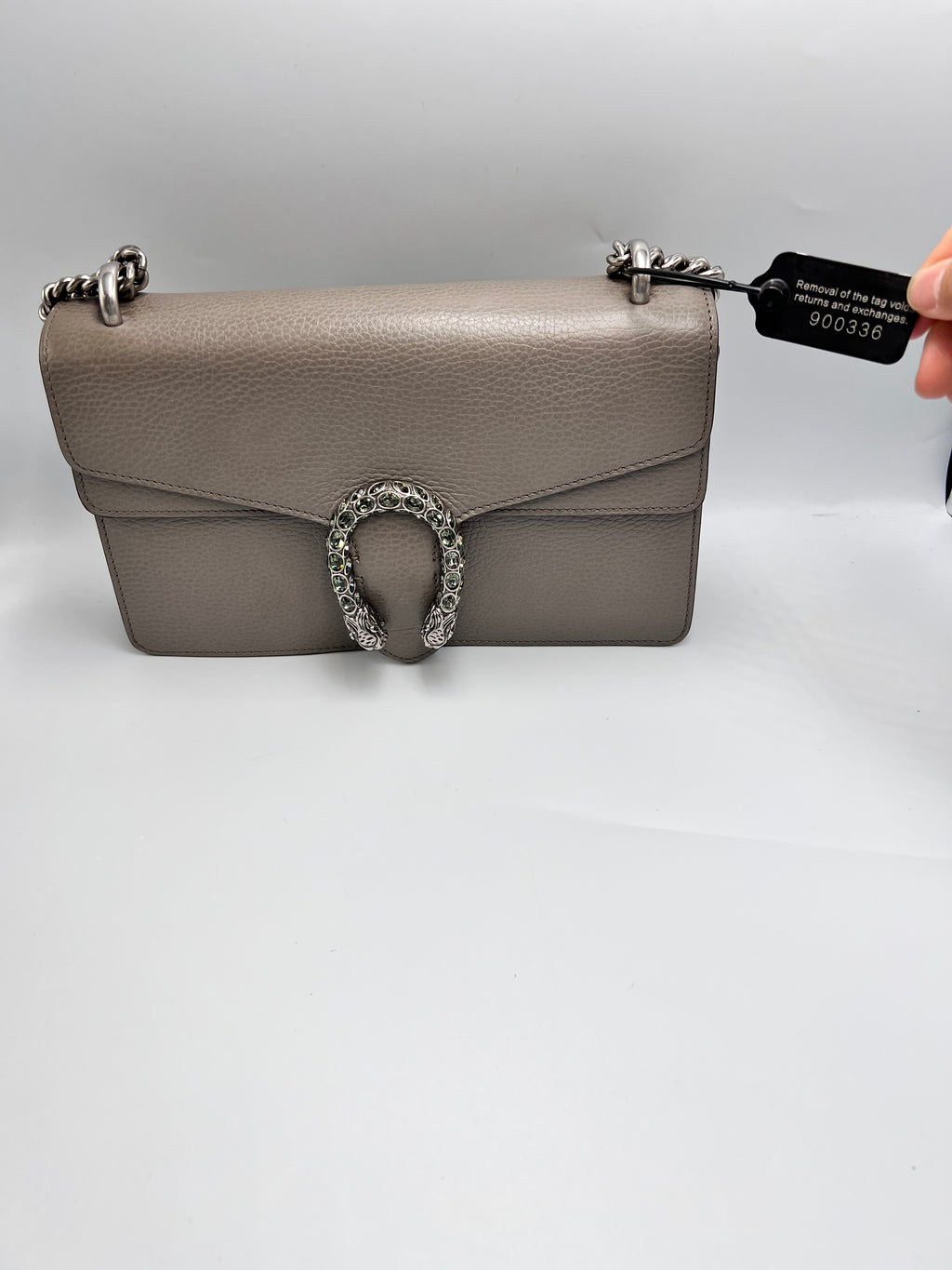 Gucci Dionysus Medium Shoulder Bag in Taupe Grained Leather with Crystal Tiger Head Closure