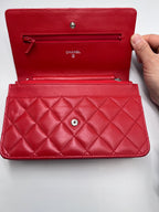 Chanel Classic Quilted Wallet on Chain (WOC) in Red Lambskin with Silver Hardware