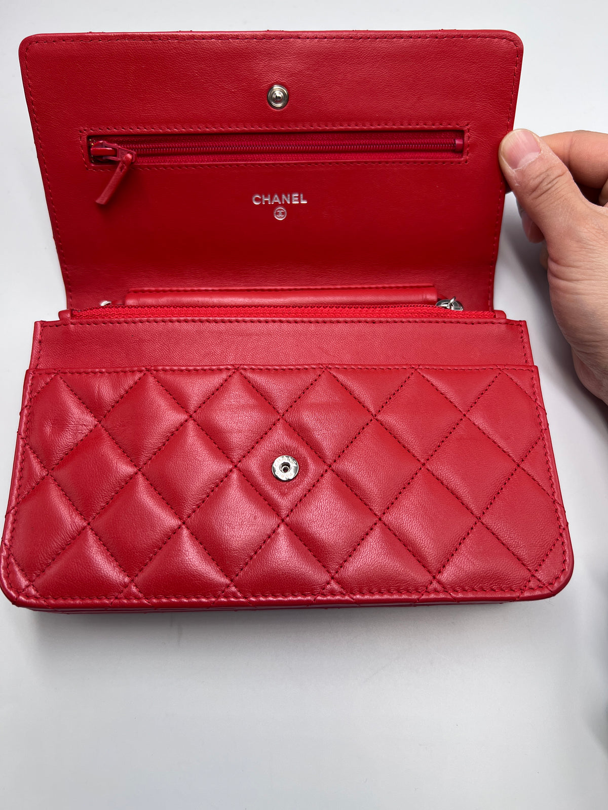 Chanel Classic Quilted Wallet on Chain (WOC) in Red Lambskin with Silver Hardware