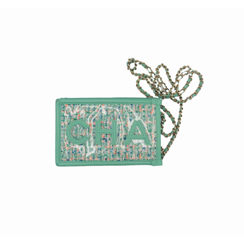 preowned authentic designer bag chanel green tweed crossbody handbag for phone  in great condition for sale secondhand 
