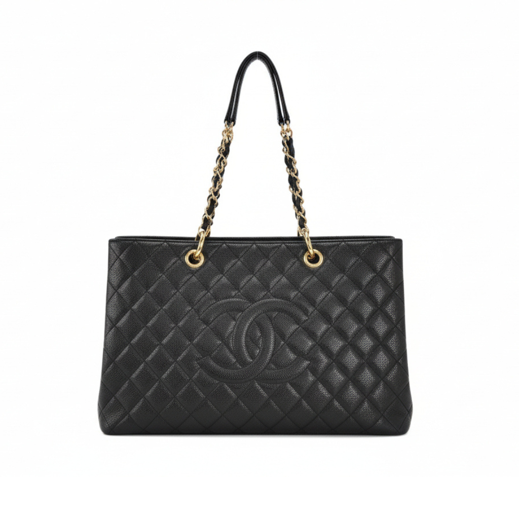 preloved authentic Chanel grand shopping tote bag in Black quilted handbag with gold chain strap for sale secondhand designer bag 