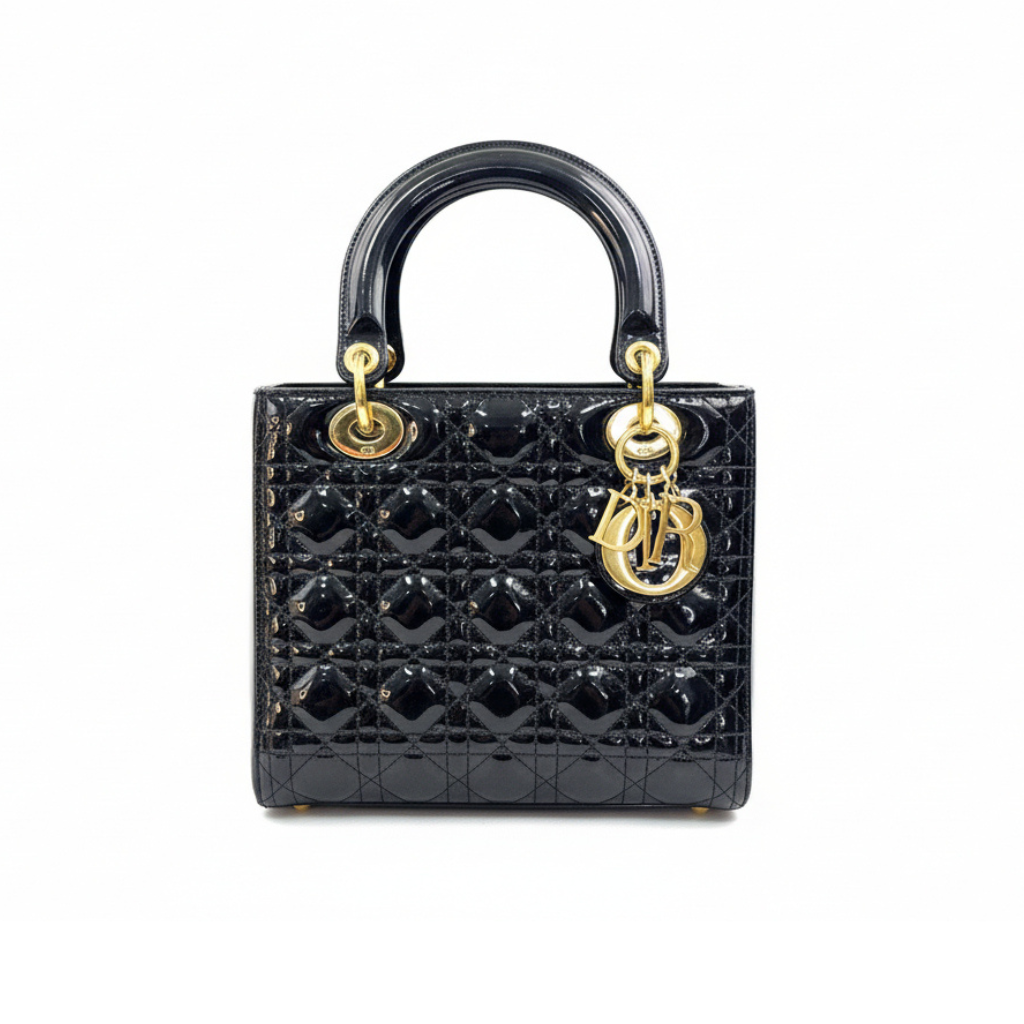 Preloved authentic lady dior medium black patent leather tote bag with crossbody strap in very good condition dior charms 