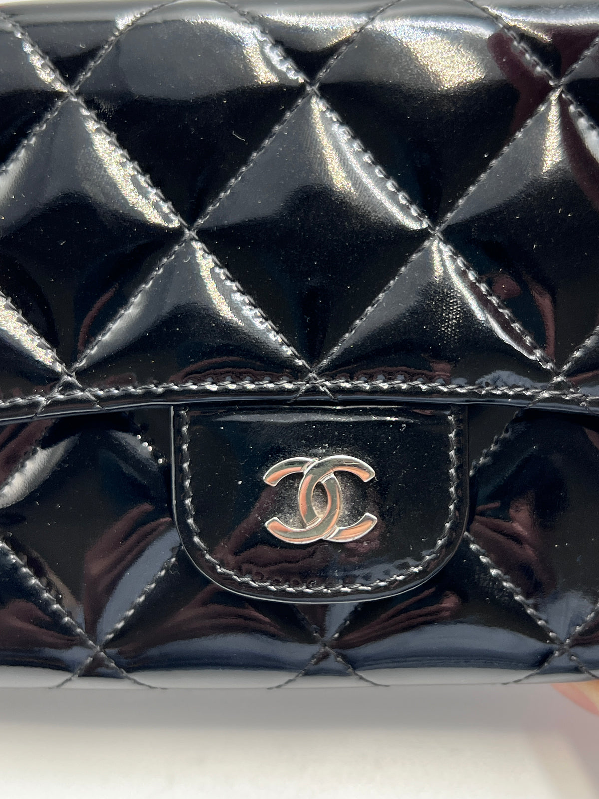 Chanel Classic Quilted Flap Wallet / Medium Wallet in Black Patent Leather with Silver Hardware