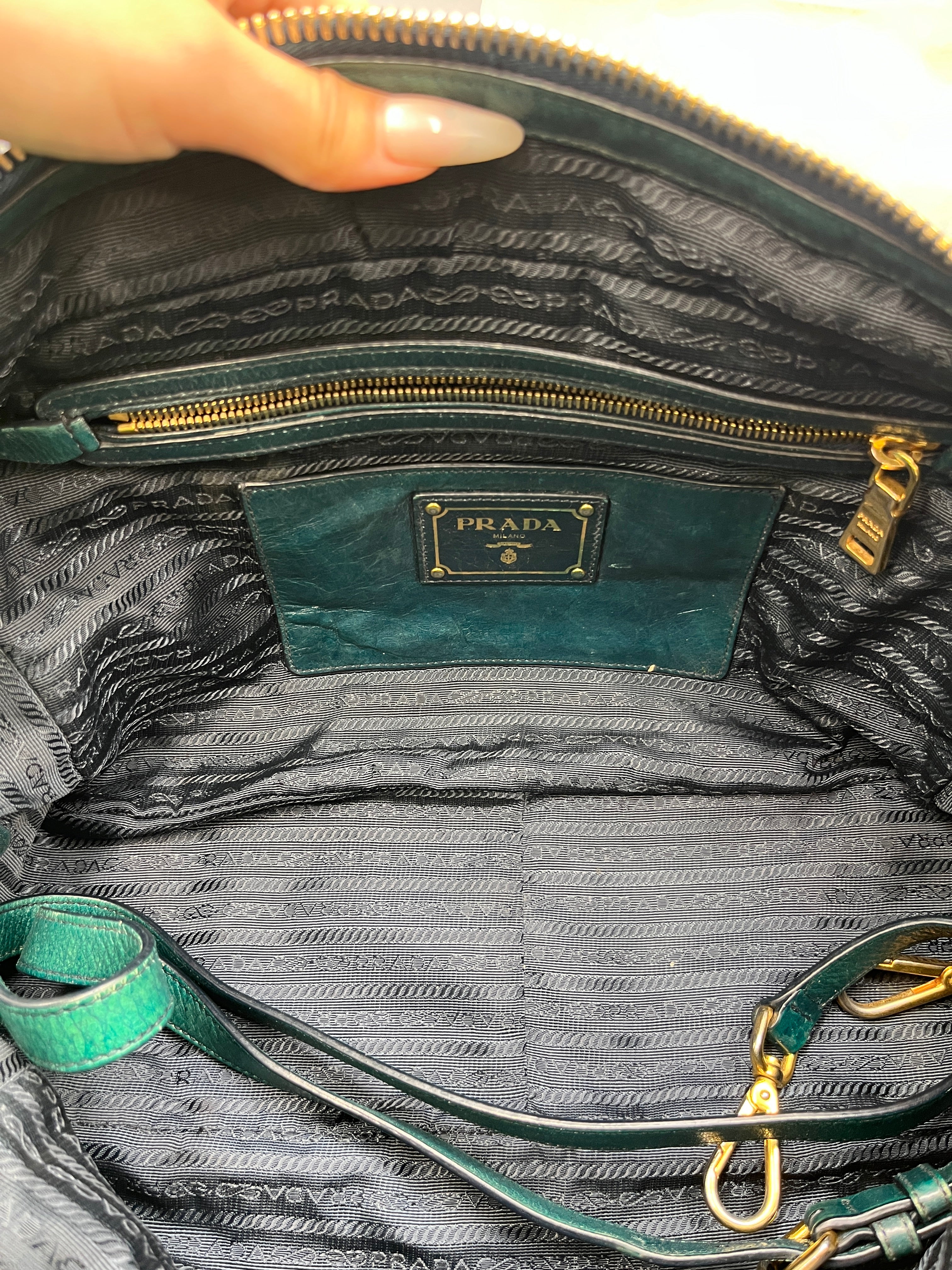 Prada Vitello Shine Teal Green Leather Satchel Bag