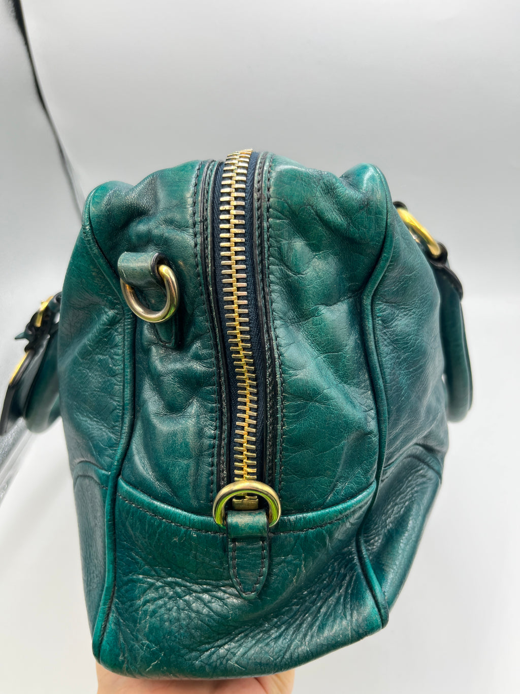 Prada Vitello Shine Teal Green Leather Satchel Bag