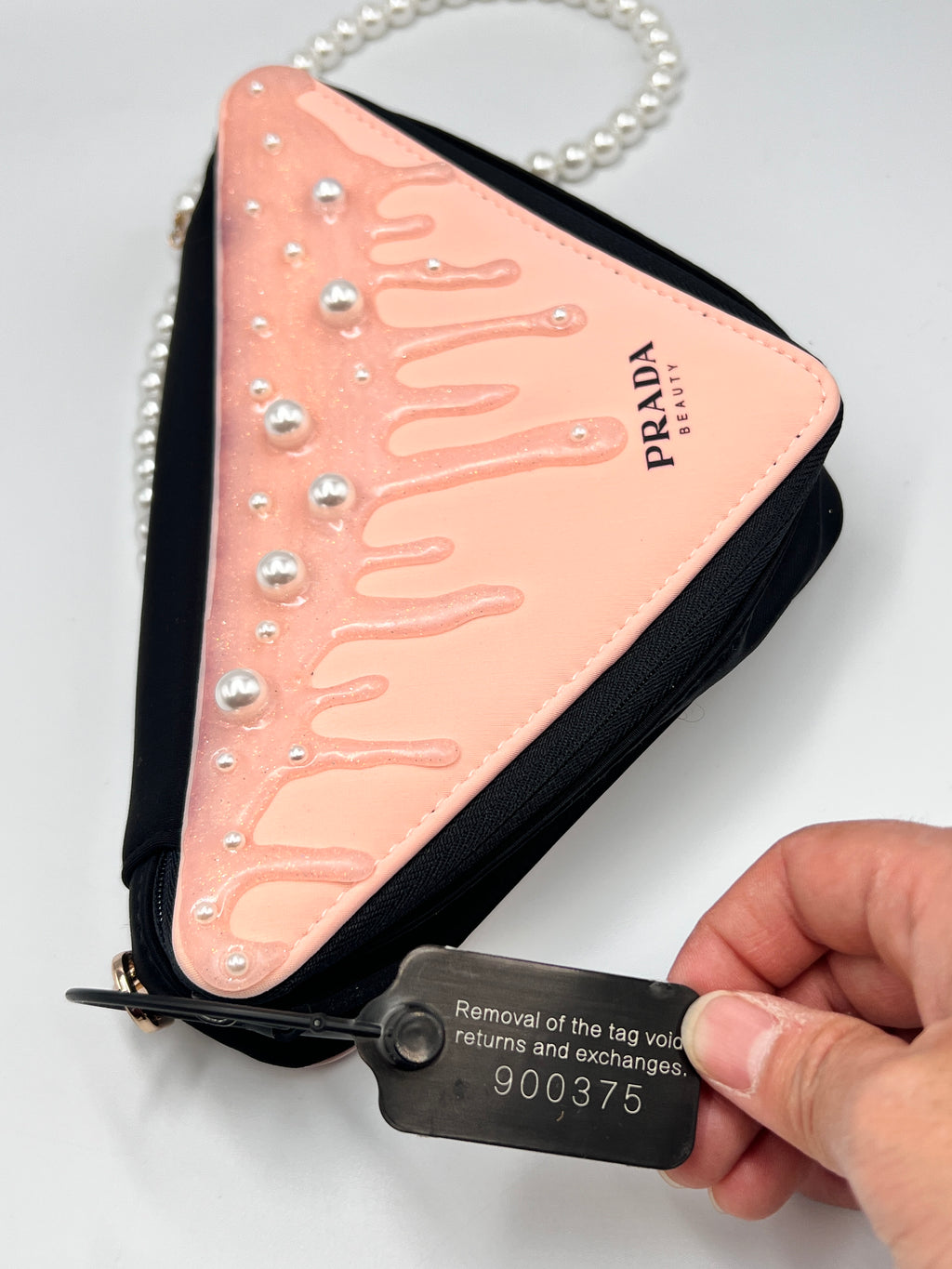Prada Beauty Pearl Triangle Makeup Pouch Shoulder Bag Pink & Black