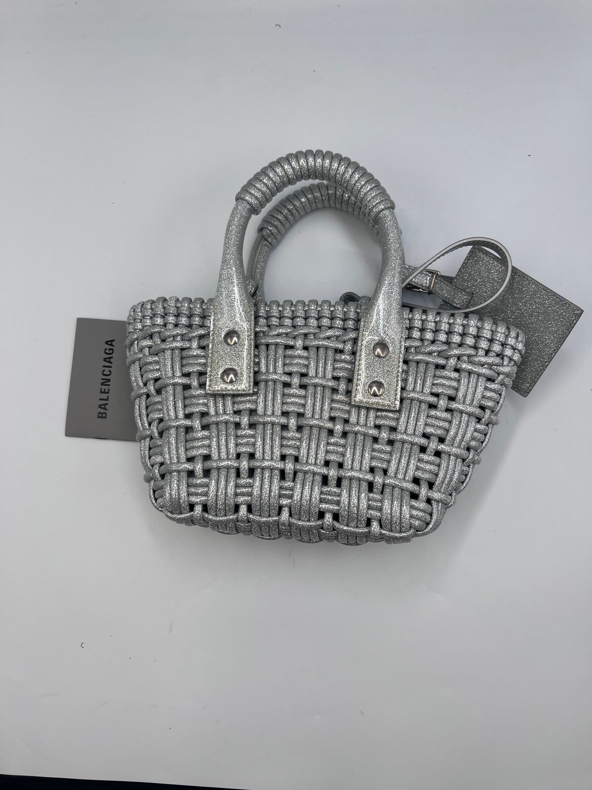 Balenciaga Silver Woven Glitter Basket Bag