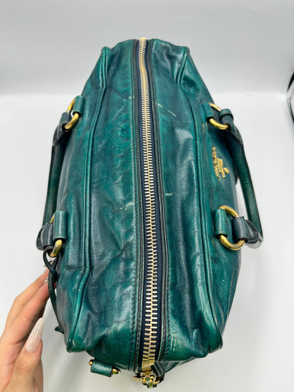 Prada Vitello Shine Teal Green Leather Satchel Bag