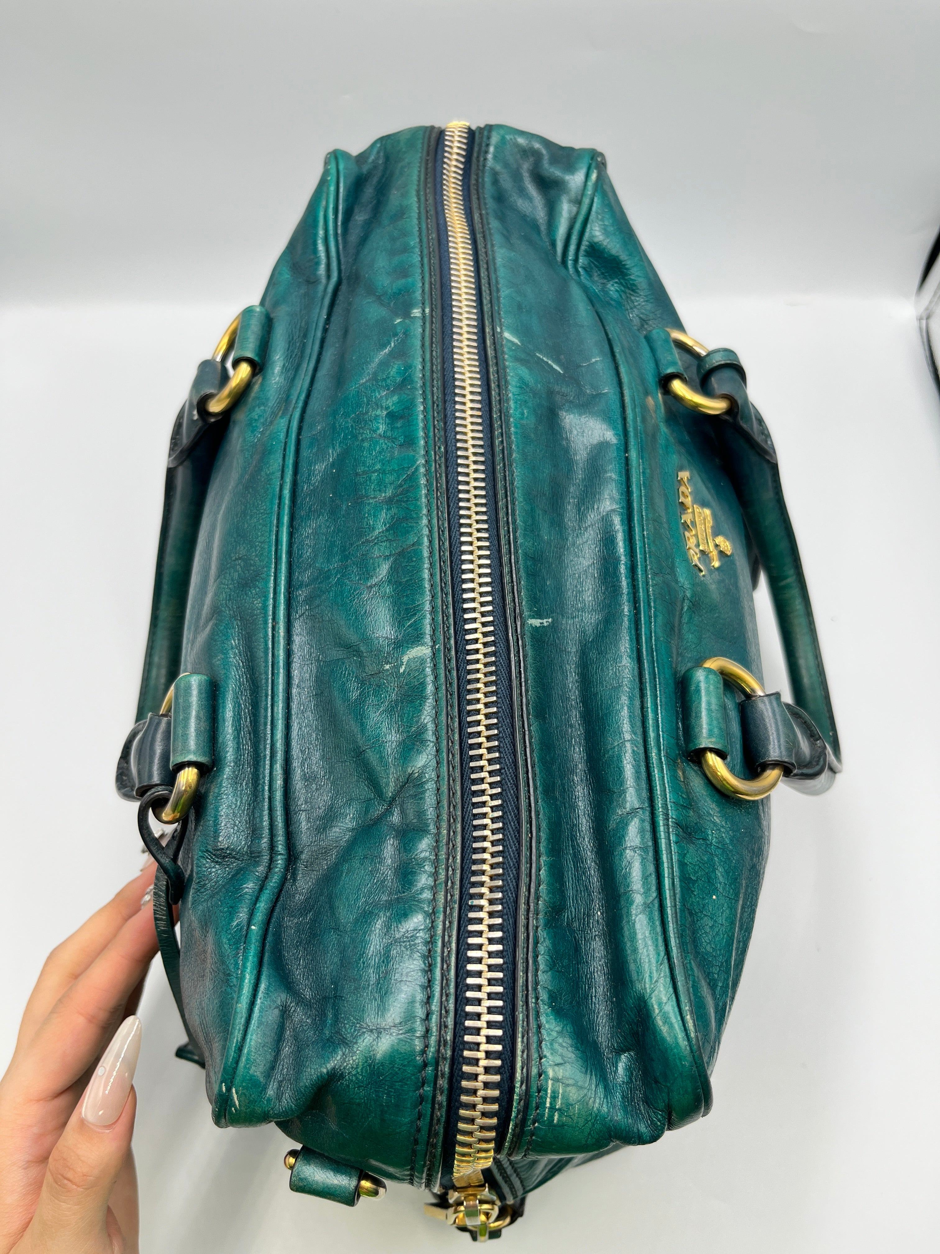 Prada Vitello Shine Teal Green Leather Satchel Bag