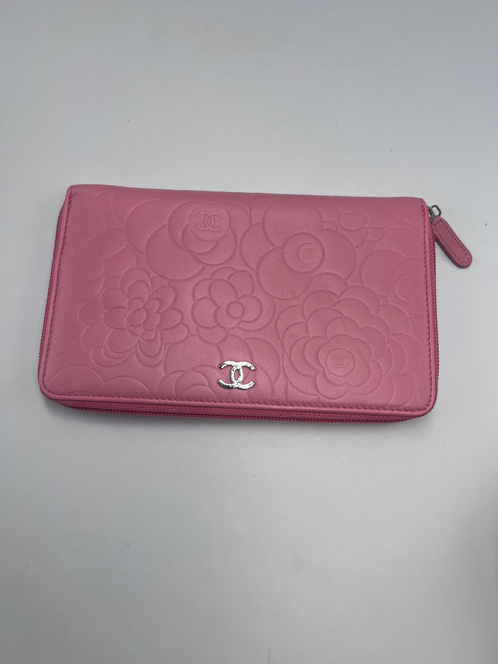Chanel Camellia Embossed Zipped Long Wallet in Pink Lambskin with Silver Hardware