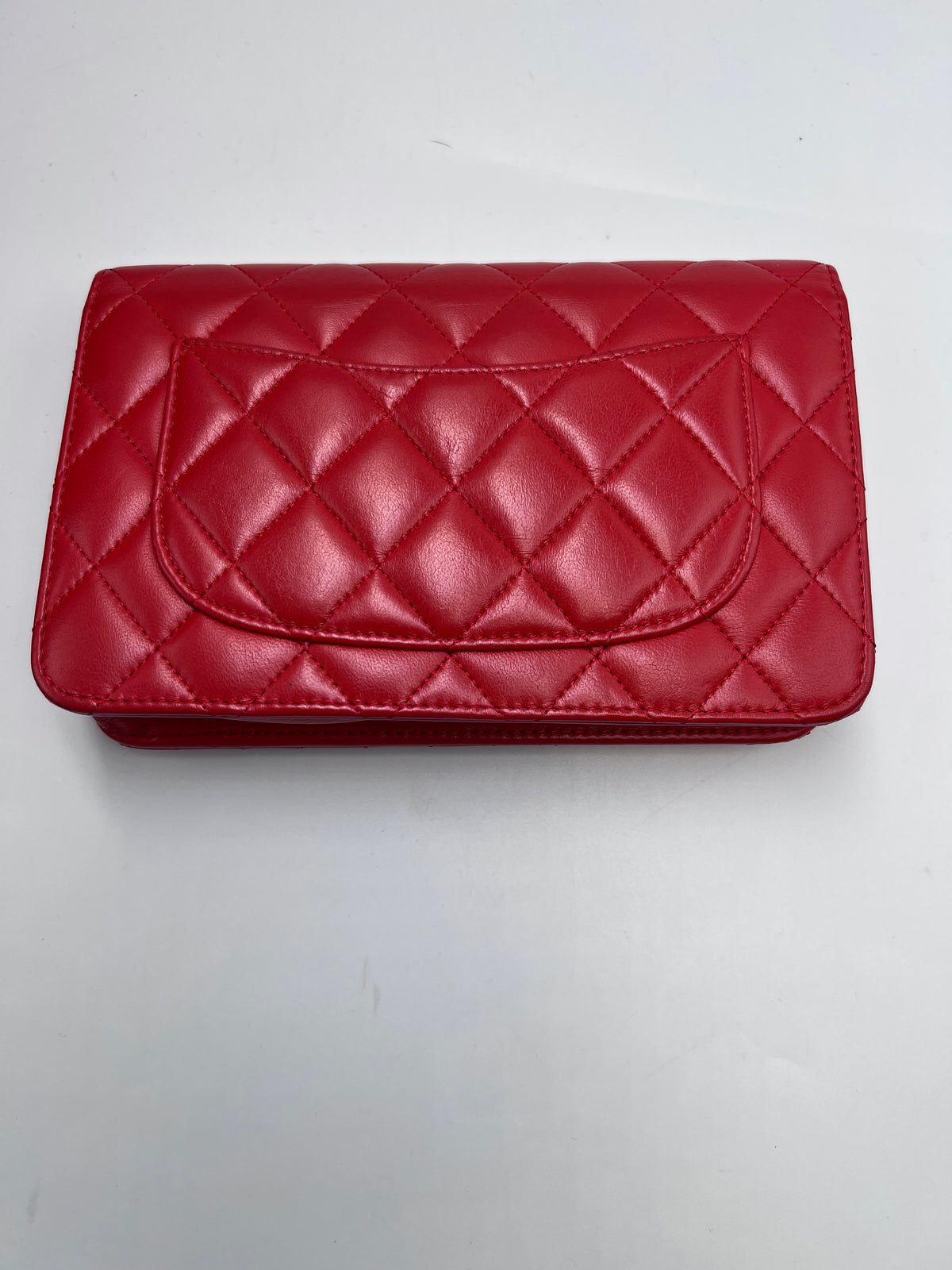 Chanel Classic Quilted Wallet on Chain (WOC) in Red Lambskin with Silver Hardware