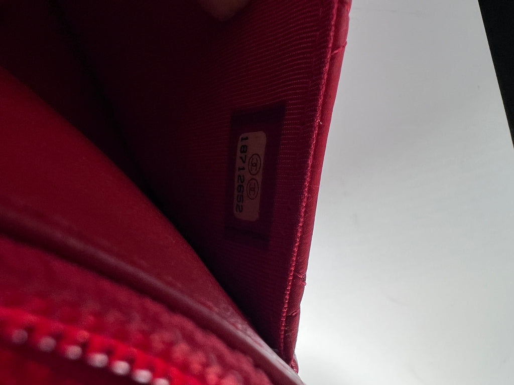Chanel Classic Quilted Wallet on Chain (WOC) in Red Lambskin with Silver Hardware