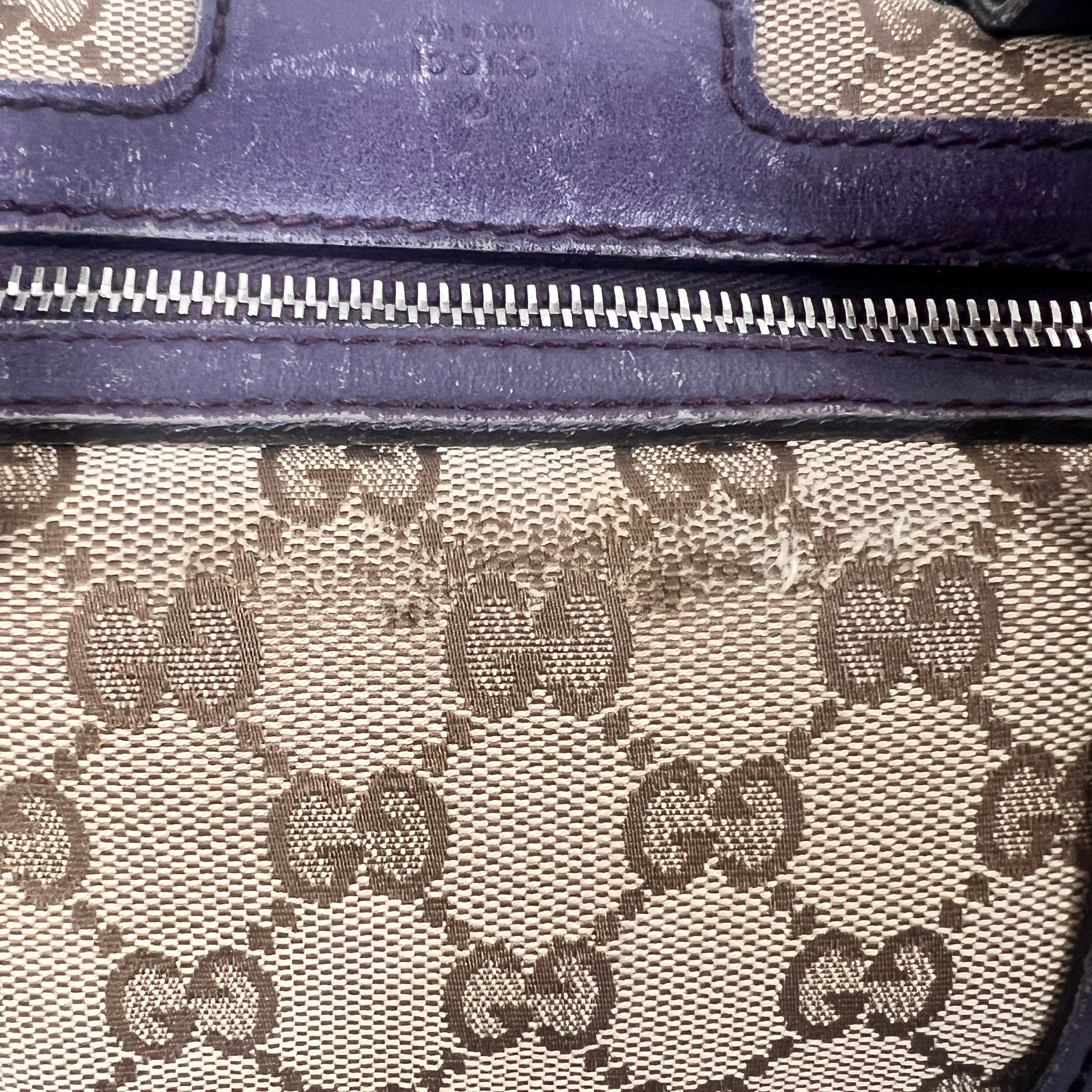 Gucci GG Monogram Canvas Boston Bag with Purple Leather Trim