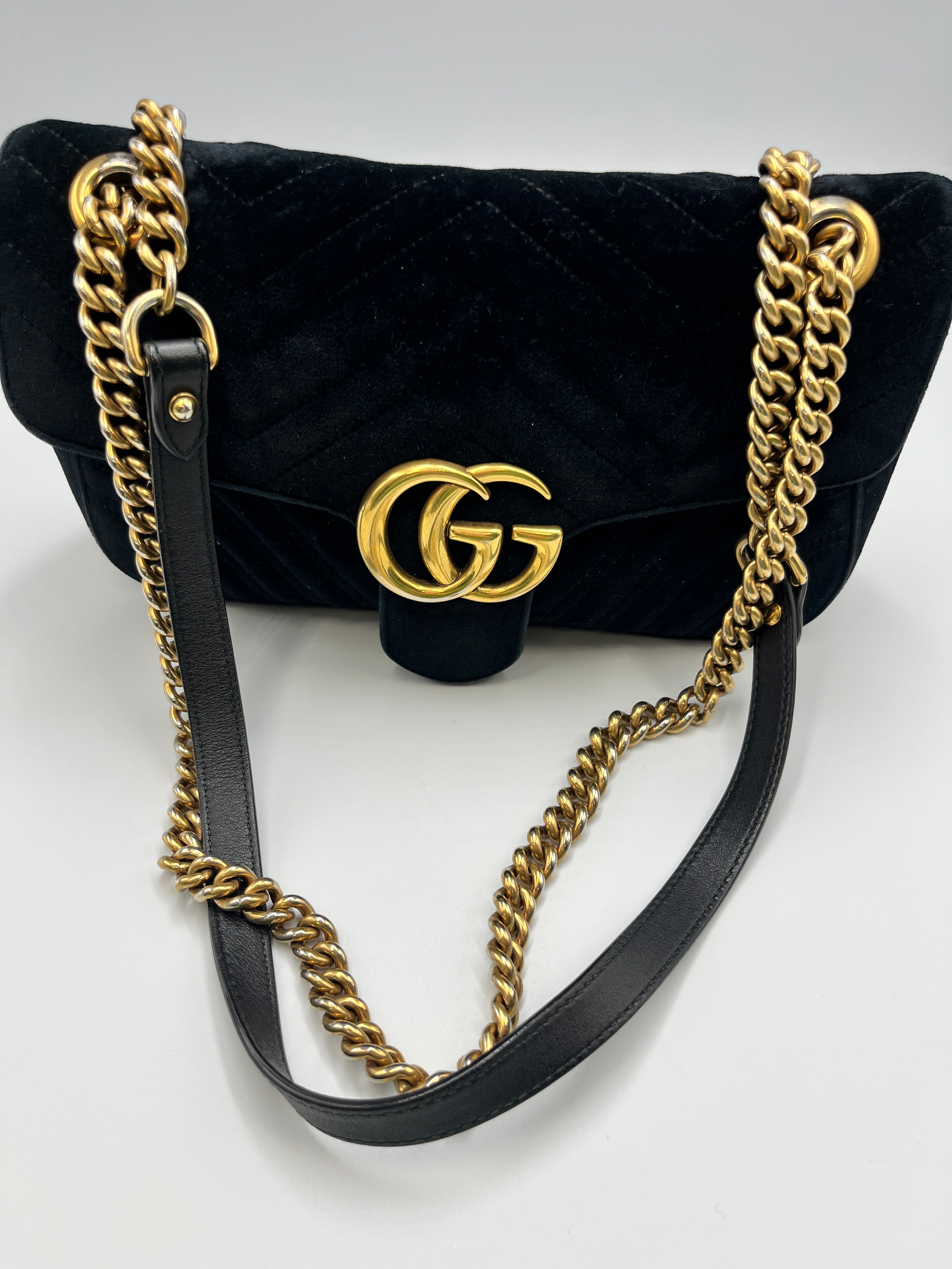 Gucci GG Marmont Small Velvet Shoulder Bag Black with Gold Hardware