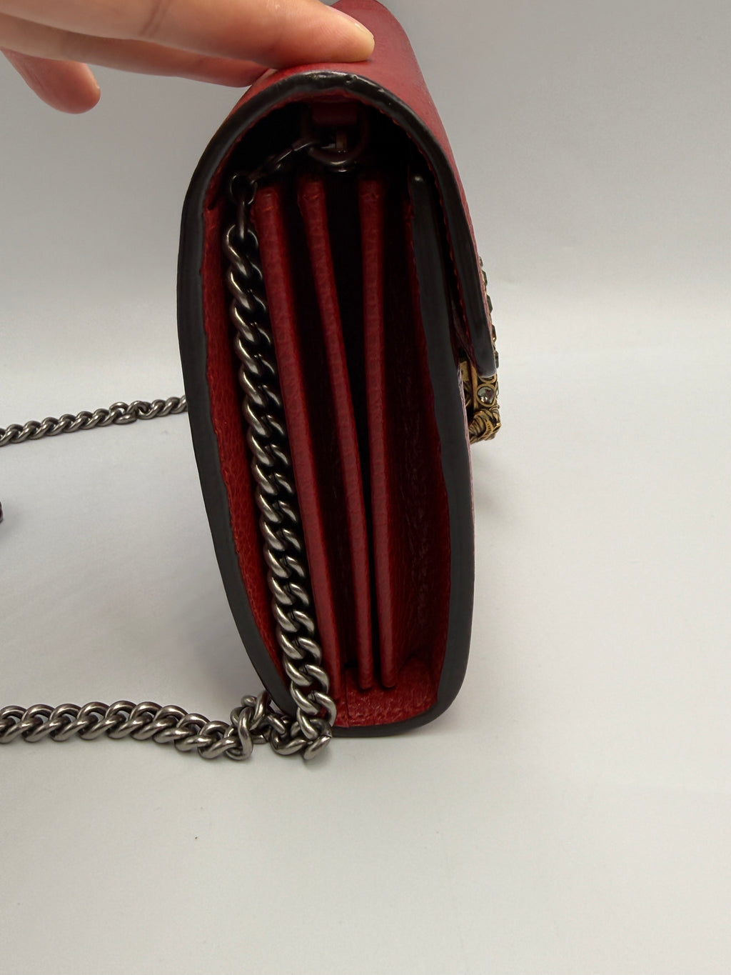 Gucci Dionysus Super Mini Shoulder Bag - Red Textured Leather with Crystal Tiger Head