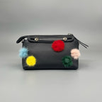 Fendi Mini "By The Way" Boston Bag in Black Leather with Multicolored Fur Pom-Poms
