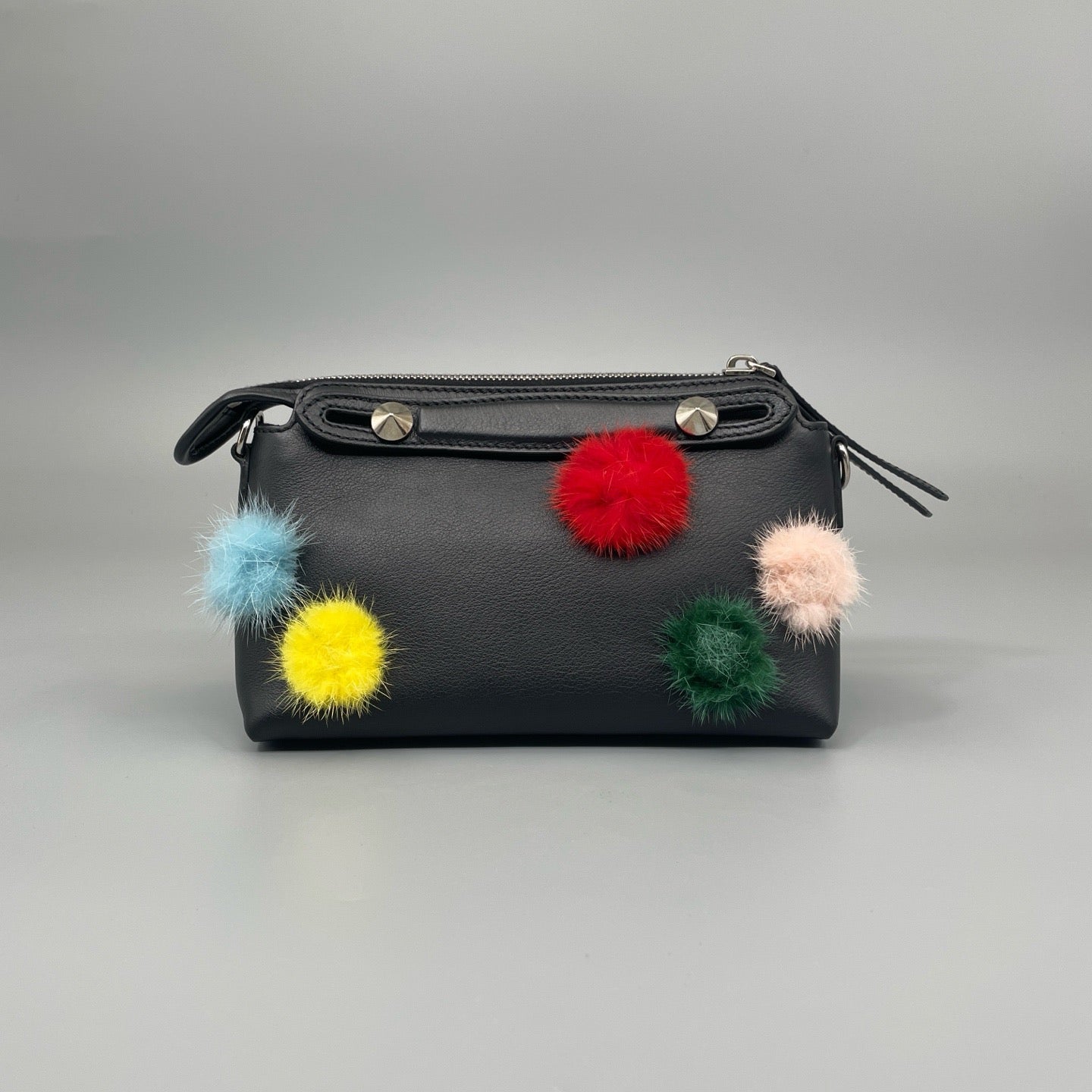 Fendi Mini "By The Way" Boston Bag in Black Leather with Multicolored Fur Pom-Poms