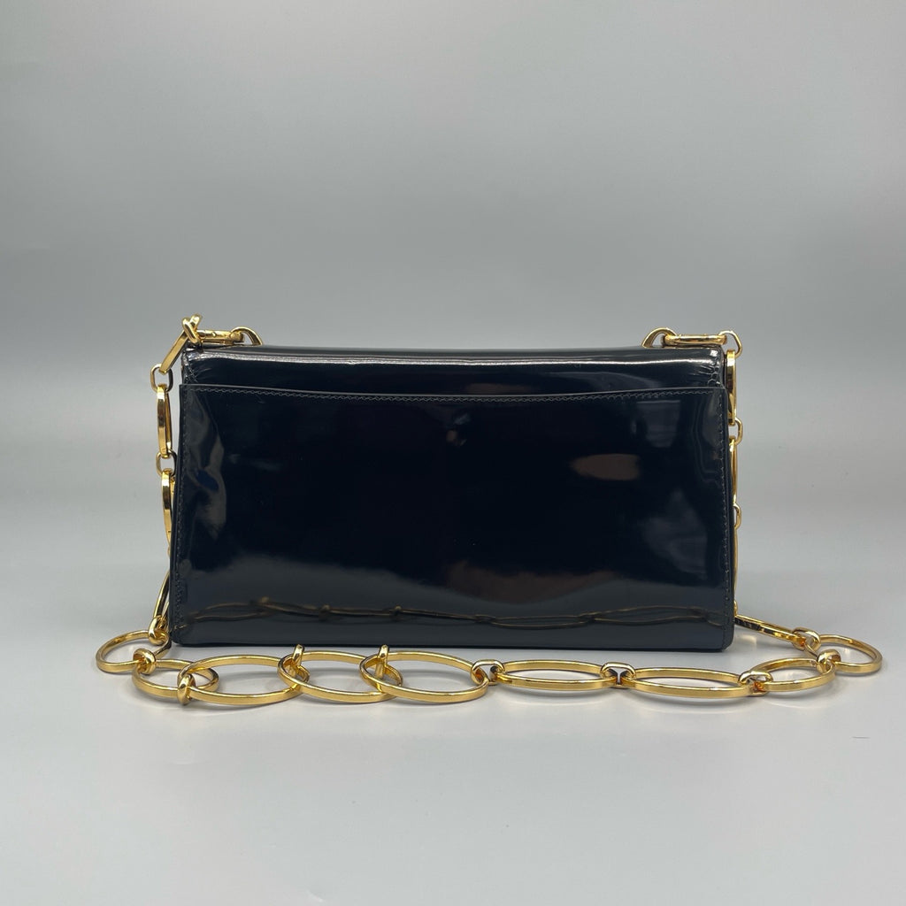 Prada Black Spazzolato Patent Leather Flap Bag with Gold-Tone Chain Strap