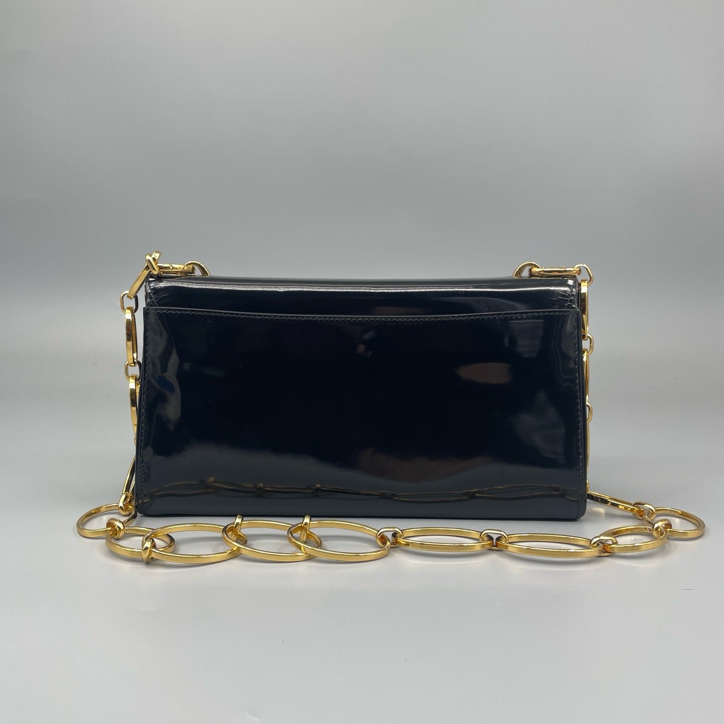 Prada Black Spazzolato Patent Leather Flap Bag with Gold-Tone Chain Strap