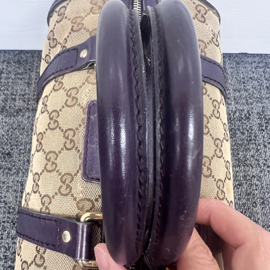Gucci GG Monogram Canvas Boston Bag with Purple Leather Trim