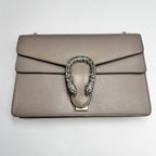 Gucci Dionysus Medium Shoulder Bag in Taupe Grained Leather with Crystal Tiger Head Closure